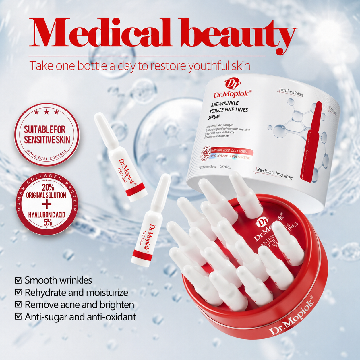 Dr.Mopiok Anti-Wrinkle Essence Firming & Anti-Aging Facial Serum with Collagen Hyaluronic Acid for Smooth Skin